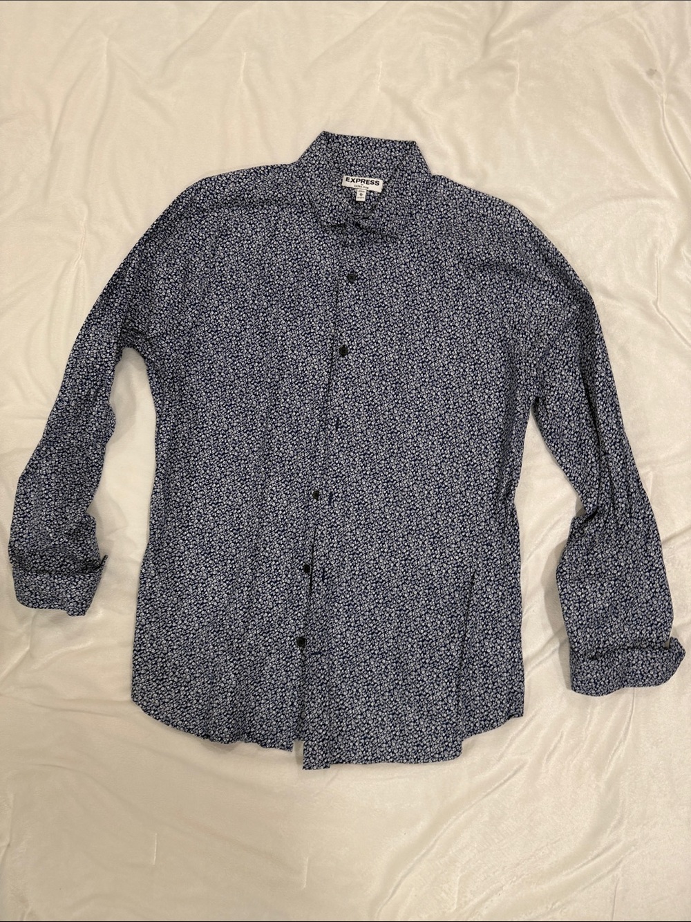 Express Men's Blue Micro-Pattern Long Sleeve Button-Down Shirt